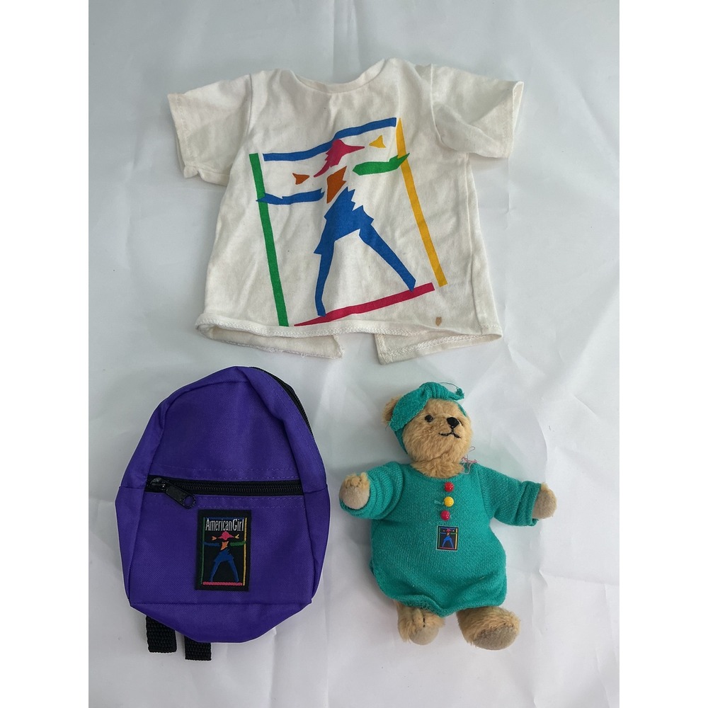Vintage American Girl Doll Accessories Purple Backpack White T-Shirt Teddy Bear